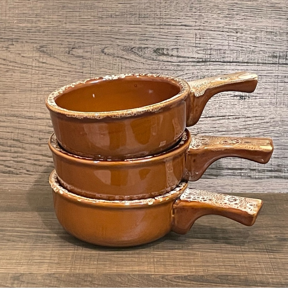 Vintage iti Stoneware Drip Brown Handled Onion Soup Bowls Set of 3 12 oz.